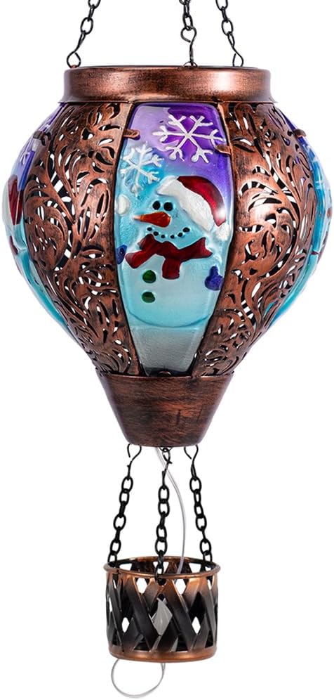 DREAMSOUL Christmas Hot Air Balloon Solar Lantern, Solar Snowman Decorative Solar Lantern with Candle Holder, Hanging Christmas Lantern with Flickering Flame for Garden Patio Snowman Decor