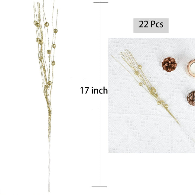 Lvydec 22pcs Christmas Glitter Berries Stems, 17" Artificial Christmas Picks for Christmas Tree Ornaments, DIY Xmas Wreath, Crafts, Holiday and Home Decor (Gold)