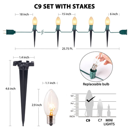 Christmas Pathway String Lights Outdoor - 25.7 Ft. C9 20 Clear Lights with 20 Stakes Connectable Waterproof for Indoor Xmas Party Holiday Commercial Decoration, Warm White