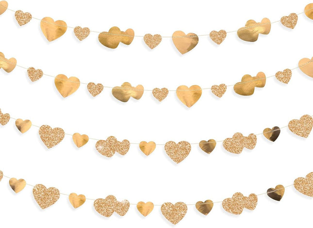 40Ft Champagne Gold Heart Banner Double Sided Paper Garland Heart Hanging Streamer for Wedding Birthday Anniversary Bachelorette Engagement Bridal Baby Shower Valentines Hen Christmas Party Decoration