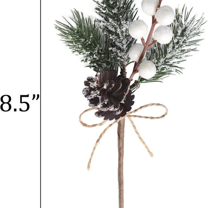 12 Pieces Artificial Pine Picks Christmas Tree Picks with White Berries Pinecones Bowknot Artificial Pine Branches Stems Frosted Holly Spray for Winter Decoration Xmas Party DIY Crafts (12, White)