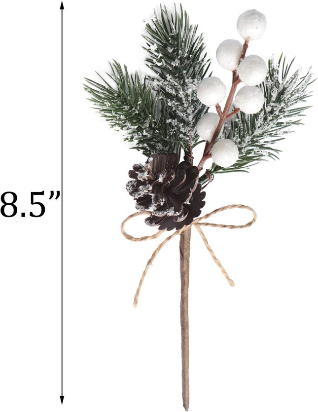 12 Pieces Artificial Pine Picks Christmas Tree Picks with White Berries Pinecones Bowknot Artificial Pine Branches Stems Frosted Holly Spray for Winter Decoration Xmas Party DIY Crafts (12, White)