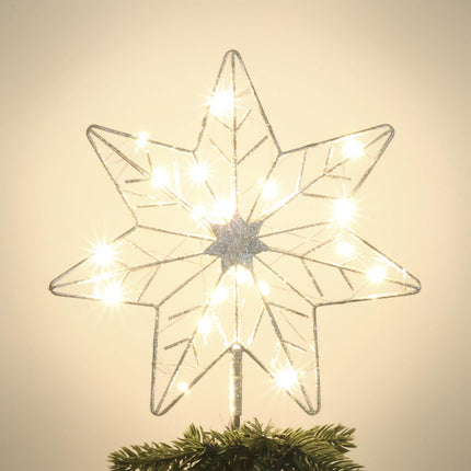 YEAHOME Christmas Tree Topper, Silver Glittered Hollow 7-Point Star Tree Topper, Lighted Wire Star with 20 LED Lights for Christmas Treetop, Xmas Tree Topper with Timer, Christmas Tree Decorations