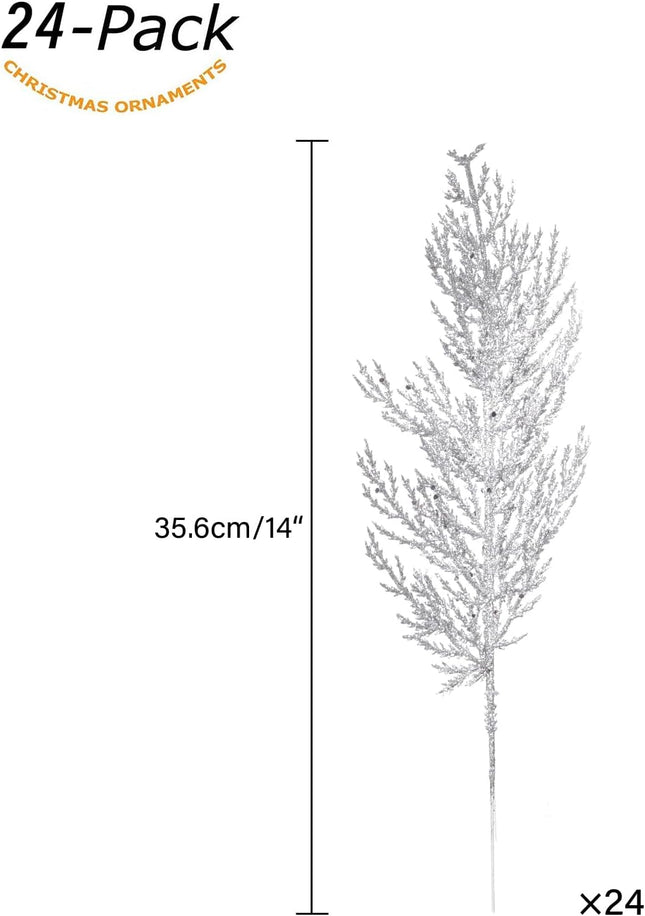 Christmas Glitter Stems 24pcs Artificial Pine Tree Picks for Christmas Tree Ornaments fillers, DIY Xmas Wreath, Crafts, Garland, Holiday, Party, Wedding and Home Decoration (Silver)