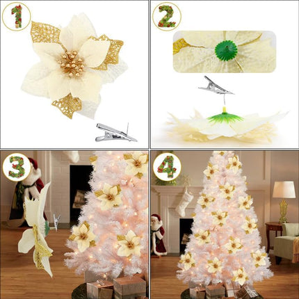 SITUMEIZI 24 Pcs Gold Poinsettia Artificial Christmas Flowers 5.5" Glitter Poinsettias Christmas Tree Decoration Flower with Stems & Clips for Wreath Xmas Tree Year Party Ornament Wedding
