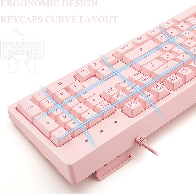Basaltech Pink Keyboard with 7-Color LED Backlit, 104 Keys Quiet Silent Light Up Keyboard, 19-Key Anti-Ghosting Cheap Gaming Keyboard Mechanical Feeling Waterproof Wired USB for Computer, Mac, Laptop