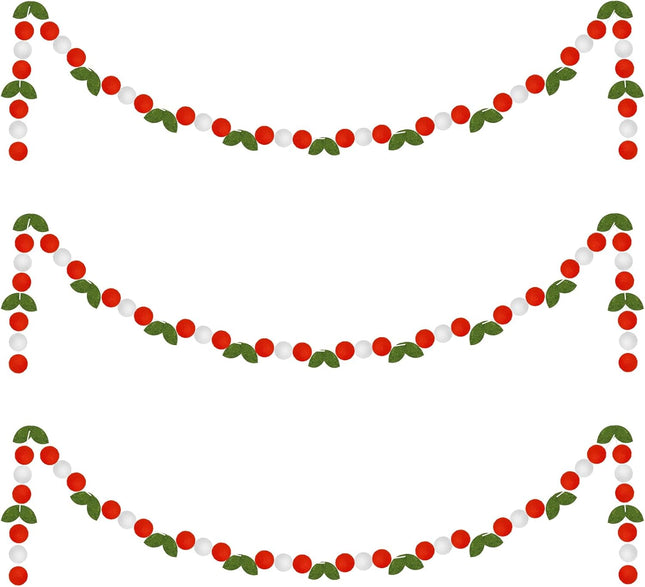 Rtteri 3 Pcs Christmas Felt Ball Garland Holly Leaves and Berry 24.6 Feet Christmas Pom Pom Garland Christmas Felt Ball Banner for Christmas Tree Winter Holiday Decorations Indoor Home Room Decor