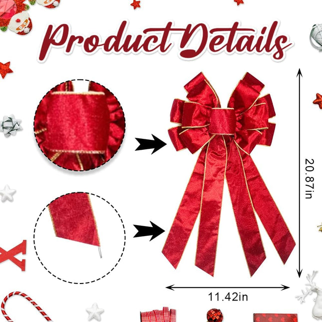2PCS Christmas Wreath Bows Christmas Decor Bows Red Velvet Ribbon Bows for Wreath, Christmas Tree Topper Bows for Christmas Party Decoration Xmas Home Indoor Outdoor Year Wreath Ornament Supplies
