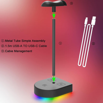 RGB Headphone Stand with USB Charging Port or Hub, Desk Gaming Headset Holder, Durable Hanger Rack Suitable for Desktop Table, Game,Earphone, PC, Gamer Accessories (Black)