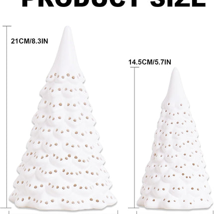 Light Up Ceramic Christmas Tree, 2 Pack Lighted Porcelain Christmas Tree with Dots Cutouts, Matte White Small Xmas Tree Table Centerpiece Xmas Tree Figurines for Tabletop Decor