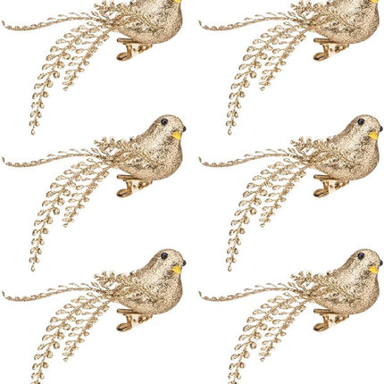 6 Pcs Christmas Artificial Gold Bird, Clip-On Bird Ornament Shiny Wreath Flower Arrangement Supplies for DIY Craft Xmas Tree Topper Party Decor, 6" Golden