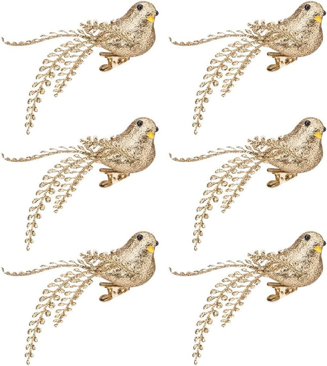 6 Pcs Christmas Artificial Gold Bird, Clip-On Bird Ornament Shiny Wreath Flower Arrangement Supplies for DIY Craft Xmas Tree Topper Party Decor, 6" Golden