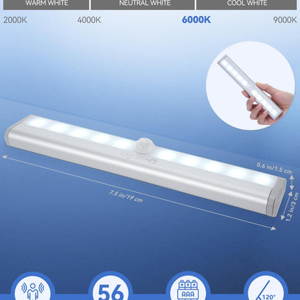 Oxyled Motion Sensor Light For Home Under Cabinet Light Wireless Lights For Wall 10 Led Lights Battery Operated Light With Magnetic Stick Up For Cupboard 3 Pack - Aluminium Abs White