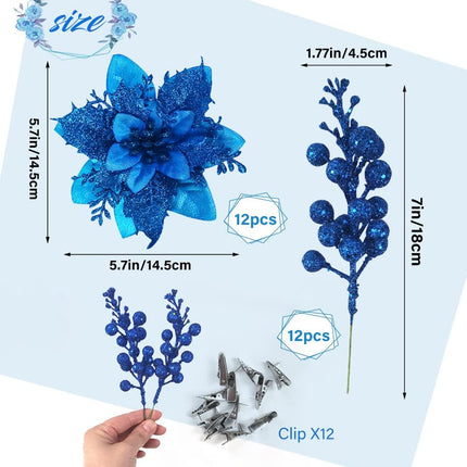 Rainmae 12pcs 5.5in Christmas Artificial Flowers and 12pcs Berry Stems, Royal Blue Glitter Poinsettia Flowers Decorations, Christmas Tree Ornaments for Xmas Wreath DIY Garland Ornaments Wedding Party