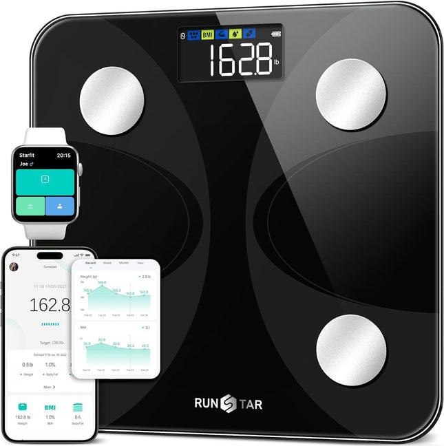 RunSTAR Ultra-Precision Digital Accurate Bathroom Smart Scale Body Weight and Fat Percentage 13 Body Composition Analyzer 400lb Capacity Black Plastic Floor Scale