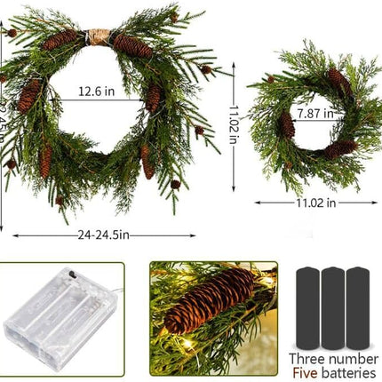 2-Pack 24in Artificial Christmas Wreaths for Front Door Green Pine Needle Pine Cone Christmas Wreath with Lights Christmas Decoration Holiday Window Wedding Decor Wreath