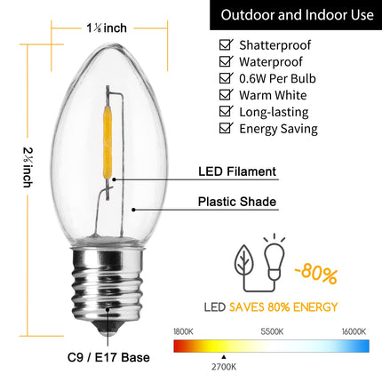 Brightown 25 Pack C9 LED Christmas Light Bulbs, Warm White Plastic C9 Shatterproof LED Bulbs Replacement for Christmas String Lights, E17 Intermediate Base,Commercial Dimmable Holiday Christmas Lights