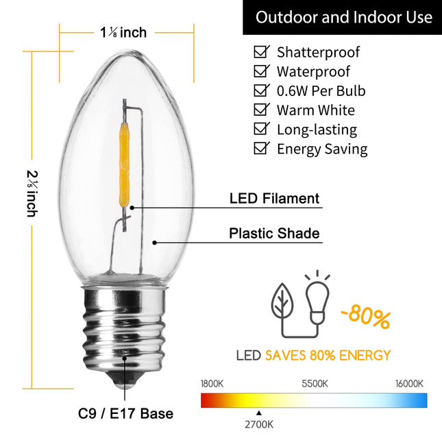 Brightown 25 Pack C9 LED Christmas Light Bulbs, Warm White Plastic C9 Shatterproof LED Bulbs Replacement for Christmas String Lights, E17 Intermediate Base,Commercial Dimmable Holiday Christmas Lights