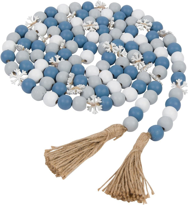 One Holiday Way 9-Foot Rustic Blue, White, and Gray Wood Bead Garland w/Snowflakes Christmas Tree Decoration - Decorative Vintage Wooden Beads for Everyday Chic Country Farmhouse Elegant Home Decor