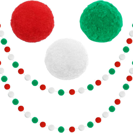 Vuzvuv 2 Pieces 6 Red Green White 1.6" Large Pom Pom Ball Garlands, 6.6 Ft Long 20 Pompom Balls Garland for Wall,Home,School,Classroom,Christmas Tree Decoration and Party Decor