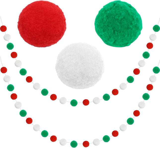 Vuzvuv 2 Pieces 6 Red Green White 1.6" Large Pom Pom Ball Garlands, 6.6 Ft Long 20 Pompom Balls Garland for Wall,Home,School,Classroom,Christmas Tree Decoration and Party Decor