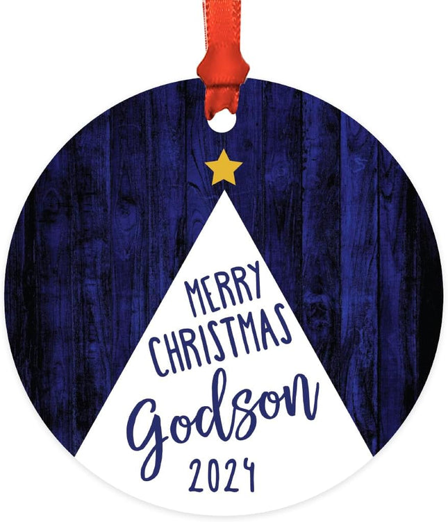 Andaz Press Family Metal Christmas Ornament, Merry Christmas Godson , Watercolor Christmas Tree, 1-Pack, Includes Ribbon and Bag Godson Ornament Godchild Ornament Godson Christmas Ornament