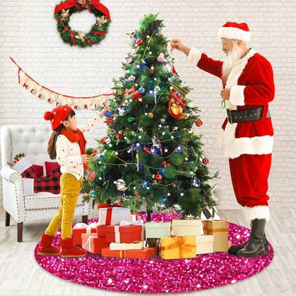 Hot Pink Christmas Tree Skirt 46 Inch Large Sequins Tree Skirt Velvet Embroidered Tree Skirt Fuchsia Tree Blanket Skirts Bling Christmas Tree Cover for Family Party Halloween Decoration