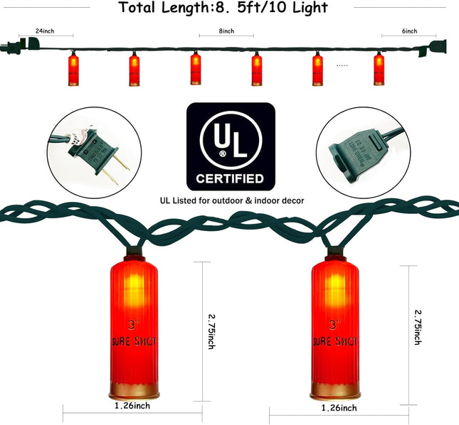 8.5Ft LED Red Shotgun Hell Light,Novelty Christmas Light Set with 10 PACK Red 3D Bullet Shaped Lights,Red Fairy Lights for Garden Christmas Casing Wreath Mexican Parties Decor