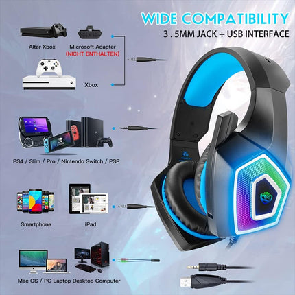Gaming Headset with Mic for Xbox One PS4 PS5 PC Switch Tablet, with Stereo Surround Sound & LED Light Noise Cancelling Over Ear Headphones