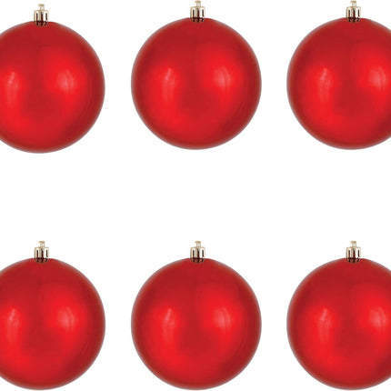 Vickerman 4" Red Shiny Ball Christmas Ornament, Shatterproof UV Resistant Plastic, Set of 6 for Christmas Tree Decor - Floral Wire for Reliable Hanging.