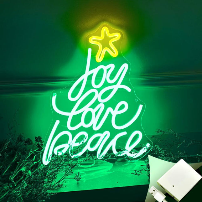 Christmas Neon Signs Joy Love Peace Xmas LED Neon Light USB &Battery Powered Hanging Christmas Decorations Indoor Green Christmas Light Up Sign for Bedroom Kids Room Living Room Shop Window Decor