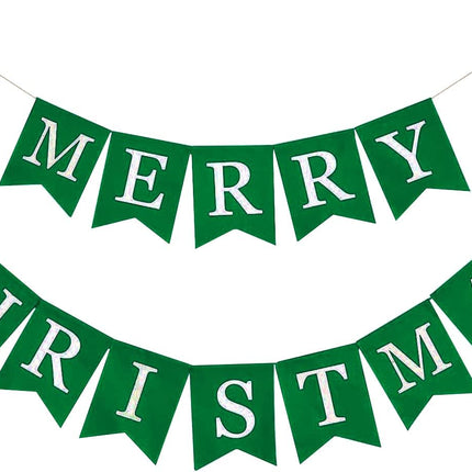 Whaline Christmas Burlap Banner Canvas Merry Christmas Green Banner Bunting Garland Pre-Assembled Hanging Xmas Decorations for Christmas Party Supplies Home Fireplace Wall