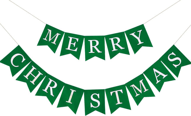 Whaline Christmas Burlap Banner Canvas Merry Christmas Green Banner Bunting Garland Pre-Assembled Hanging Xmas Decorations for Christmas Party Supplies Home Fireplace Wall