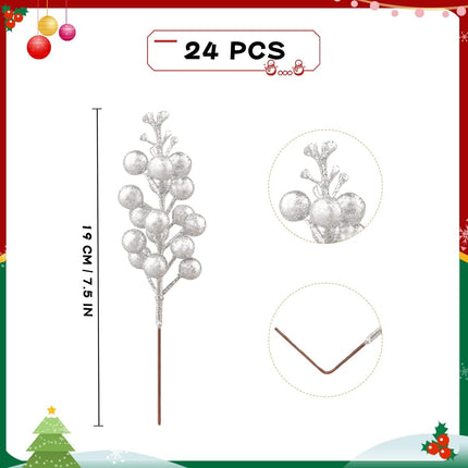 Fangoo 24 Pack Glitter Silver Stems,Artificial Glitter Silver Berry Picks Holly Red Berries Branches Christmas Berry Stem Picks for Christmas Tree Wedding Holiday Season Winter Home Decoration(19 CM)