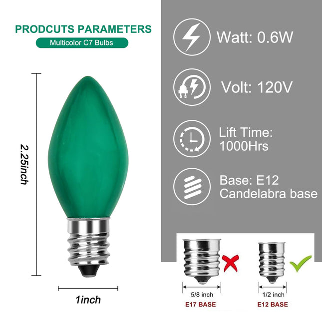 25 Pack C7 LED Green Replacement Bulbs, C7 Green Ceramic Christmas Light Bulbs St. Patrick's Light Bulbs for C7 Christmas Light Night Light Candle Lamp St. Patrick's Day Decor, E12 Candelabra Base
