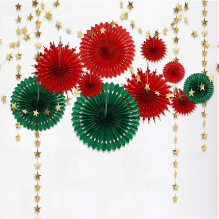 Decor365 Red Green Christmas Party Decoration Kit Hanging Decor Tissue Paper Fan Pompom Gold Star Garland Streamer Backdrop Background for Xmas Birthday Wedding Baby Shower Wall Home Party Supplies