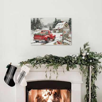 Framed Farmhouse Christmas Wall Decor - Red Truck Carrying s Old White Barn with Festival Ornaments Snowman Welcome Guests Snowy Winter Scene for Holiday Living Room Home Decorations 16"x24"