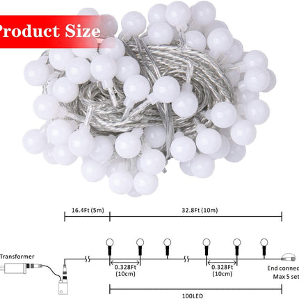 100 LED 49 FT Globe Ball String Lights Fairy String Lights Plug in with Remote 8 Modes Extendable for Indoor Outdoor Wedding Birthday Christmas Tree Garden Decor (White)