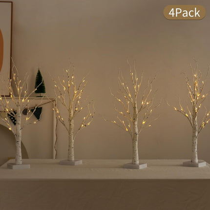 Lighted Birch Tree, 4 Pack 2FT Tree Indoor, Battery Operated Artificial Tree with 24 Warm White Lights, Inside Artificial Branch Tree for Christmas Home Wedding Decor Tabletop Tree Decoration