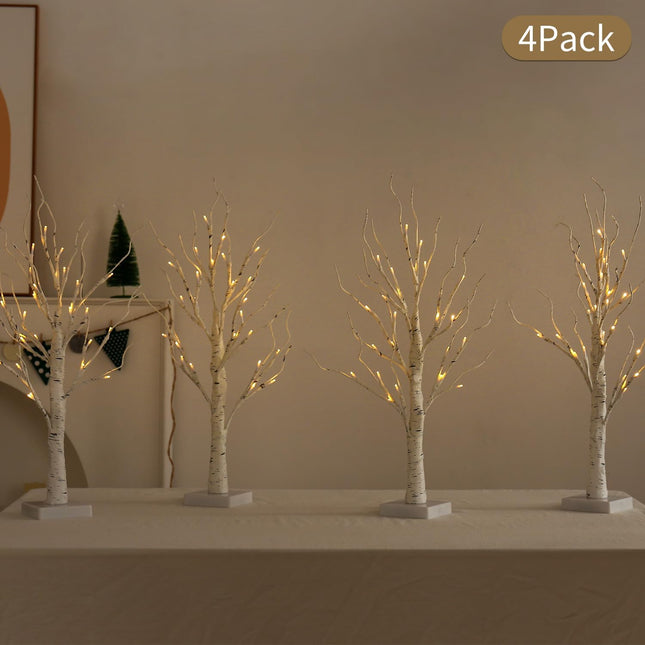 Lighted Birch Tree, 4 Pack 2FT Tree Indoor, Battery Operated Artificial Tree with 24 Warm White Lights, Inside Artificial Branch Tree for Christmas Home Wedding Decor Tabletop Tree Decoration