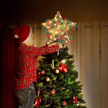 d Star Christmas Tree Topper for Christmas Decorations, Natural Star with Rustic Christmas Ornaments, for Indoor Office Farmhouse Xmas Year Holiday Tree Decorations (Warm White)