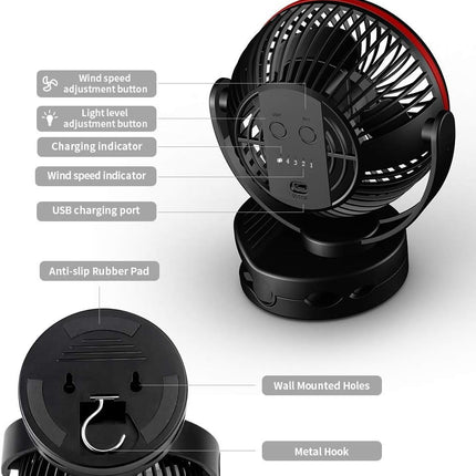 Keynice Battery Operated Fan With Hanging Hook, Portable Camping Fan With Night Light, 4 Speeds, Sturdy Clamp, 360° Rotation