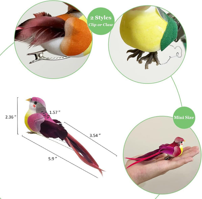 LWINGFLYER 12pcs Assorted Artificial Birds Ornaments 6-inch Simulated Foam Feathered Birds for Home Garden Wedding Party Decoration Wreaths Crafts Christmas Tree Decor Claw