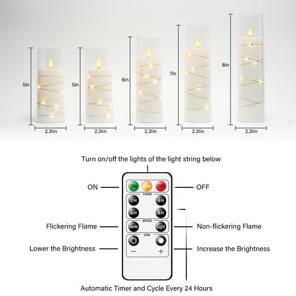 Flameless Candles Battery Operated,5 Pcs Acrylic Flickering LED Candles with Remote,with Embedded Star String Flameless Pillar Candle,Home Decor Halloween Christmas Creating Ambiance(White)