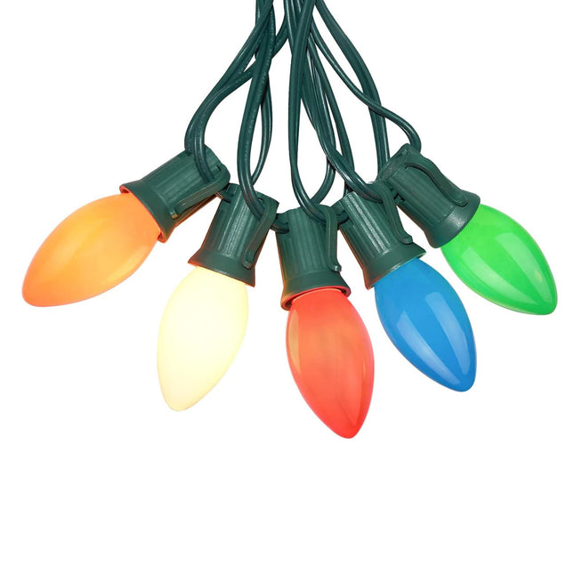25Ft Outdoor Multicolor Ceramic Christmas String Lights,C9 Vintage Opaque Christmas String Lights for Patio Garden Christmas Tree Decoration,C9/ E17 Candelabra Base, Green Wire
