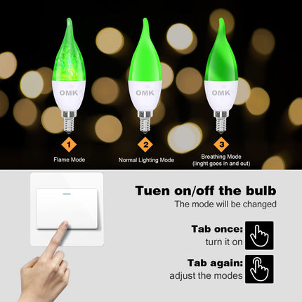 OMK 6 Pack Green LED Christmas Flame Effect Light Bulb Decorations E12 Base Candelabra Light Bulbs, Warm White Led Bulbs, Non-Dimmable Candle Light Bulbs for Party Holiday Decor s