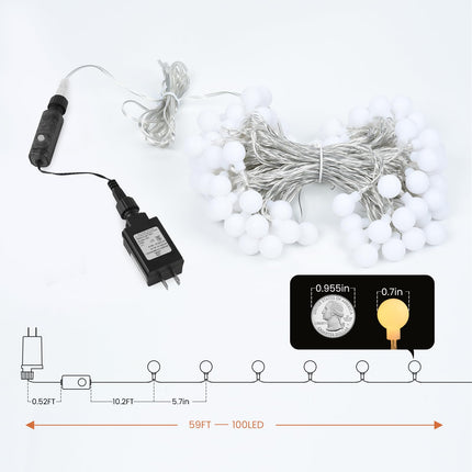 Globe String Lights, 59FT 100 Led Fairy Lights Plug In 8 Modes With Remote Control Waterproof Outdoor Indoor String Lights, Fairy Lights for Bedroom, Garden, Party, Wedding, Christmas Decor Warm White