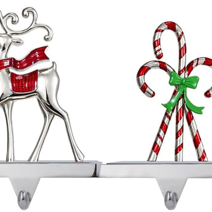 Set of 4 Christmas Stocking Holders for Mantel,Deer Snowman Stocking Hangers for Fireplace Candy Cane Holder Hanger for Stocking/Garland,Metal Stocking Hooks for Xmas Decoration (Christmas Set)