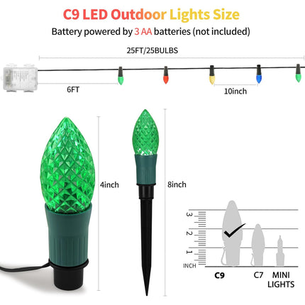 C9 Christmas Pathway Lights Outdoor, 25 Ft 20 Led 2-in-1 Battery Operated String Lights & Christmas Lights, 8 Modes Waterproof Colered Christmas Decorations Outside Yard Curtain Tree Lights Indoor