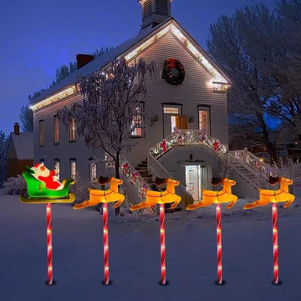 Solar Christmas Pathway Lights - Set of 5 Solar Santa Claus Elk Lights with 8 Lighting Modes, Solar Christmas Decorations Outdoor with 30 LED for Walkway Yard Lawn Xmas Decor